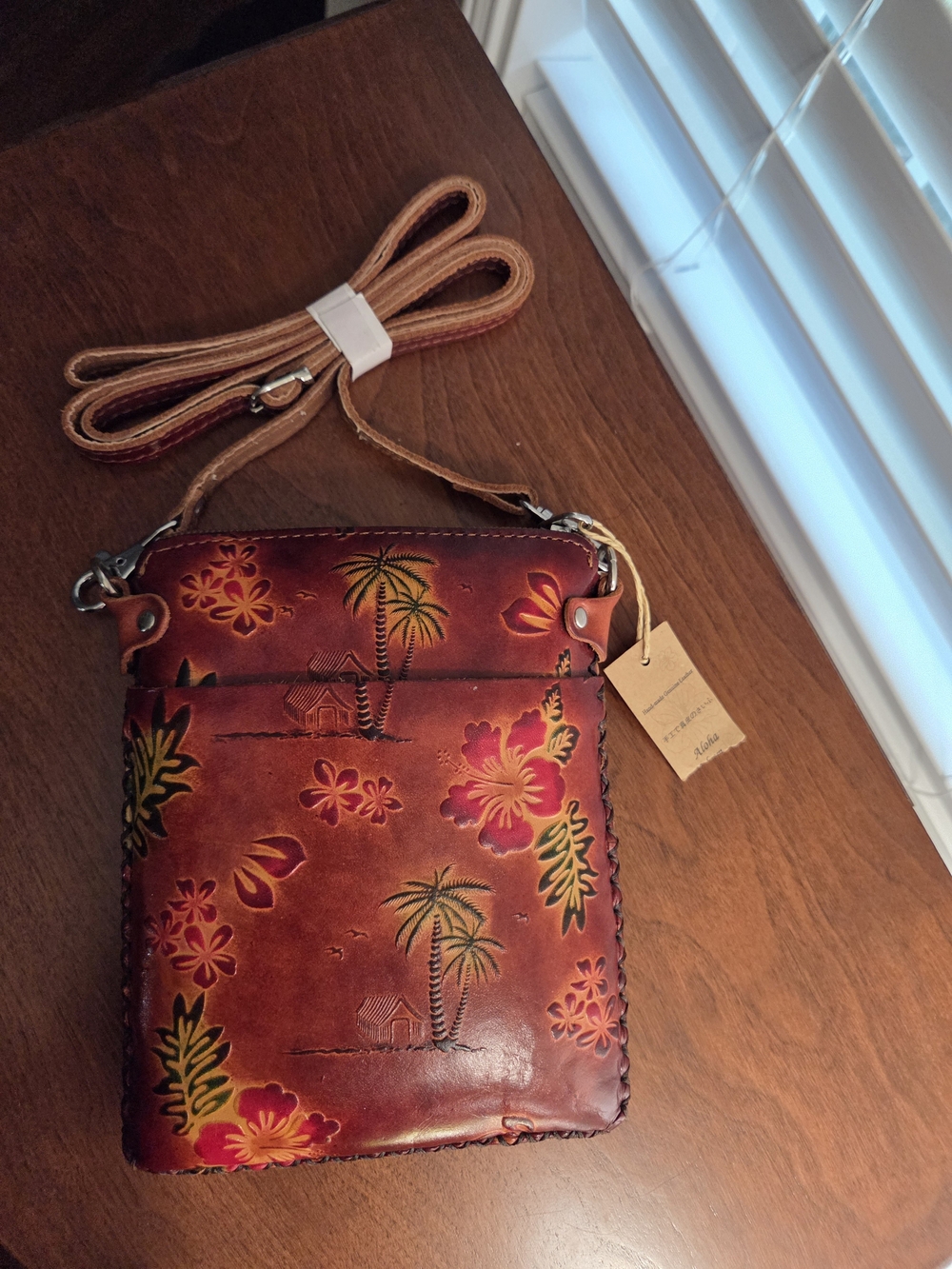 Handcrafted Floral Leather Crossbody Bag - Brown
